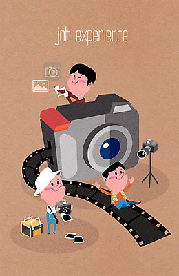 직업 남자 어린이 일러스트 사람 세명 카메라 체험학습 체험 놀이터 사진사 작가 필름 삼각대 기념사진 남자만 어린이만 소년만 국내일러스트 AI파일 컨셉 놀이 전자제품 파일형식 벡터