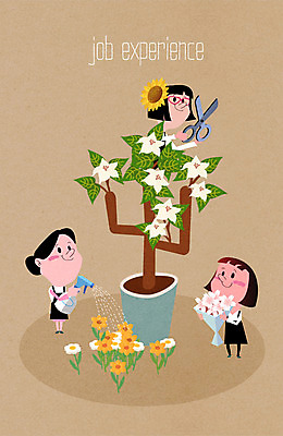 나무 식물 직업 여자 꽃 화분 어린이 꽃다발 일러스트 해바라기 가위 사람 세명 체험학습 체험 놀이터 분무기 플로리스트 여자만 어린이만 소녀만 국내일러스트 AI파일 컨셉 놀이 문구용품 파일형식 벡터