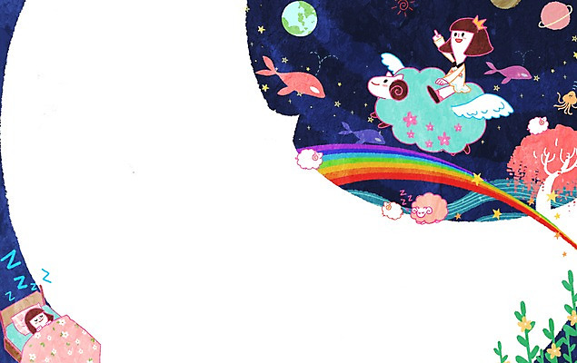 PSD 나무 식물 동물 여자 지구 어린이 백그라운드 날개 일러스트 상상 프레임 틀 사람 두명 우주 꿈 행성 달 침대 잠 양 고래 꿈나라 여자만 어린이만 소녀만 국내일러스트 자연요소 가구 포유류 수중동물 파일형식
