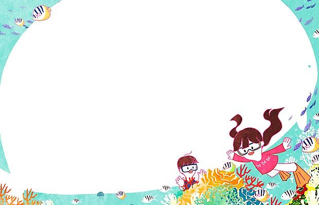 PSD 여자 남자 어린이 백그라운드 일러스트 프레임 어류 틀 사람 두명 바닷속 수영 산호초 물안경 오리발 열대어 잠수 어린이만 국내일러스트 수중 수중동물 수상스포츠 수중식물 수영용품 파일형식