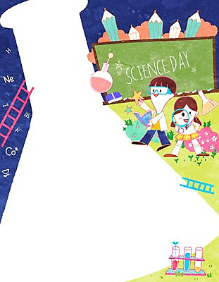 PSD 여자 남자 별 어린이 과학 백그라운드 일러스트 사다리 돋보기 프레임 실험 틀 사람 두명 책 연필 칠판 분필 비커 어린이만 국내일러스트 자연요소 학용품 실험기구 필기구 도구 초크 파일형식