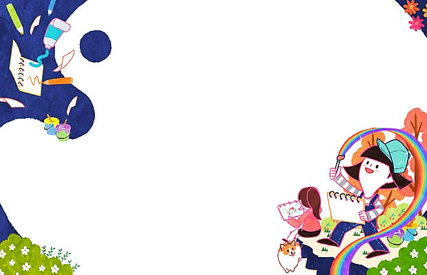 PSD 나무 식물 여자 꽃 어린이 백그라운드 무지개 일러스트 색연필 프레임 틀 사람 두명 페인트 물감 붓 그리기 강아지 스케치북 여자만 어린이만 소녀만 국내일러스트 자연요소 모션 학용품 반려동물 미술도구 개 파일형식