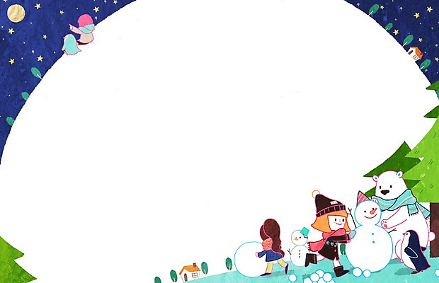 PSD 나무 식물 동물 계절 여자 별 어린이 백그라운드 겨울 일러스트 눈사람 밤하늘 주택 프레임 틀 사람 세명 달 펭귄 북극곰 눈덩이 여자만 어린이만 소녀만 겨울배경 국내일러스트 자연요소 곰 조류 하늘 눈_날씨 건물 야간 파일형식