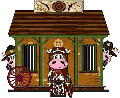 EPS 해외이미지 동물 일러스트 건물 가축 소 카우보이 보안관 만화 교도소 감옥 카우보이모자 서쪽 해외202004 해외일러스트 직업 모자_잡화 건축물 포유류 방향 파일형식 벡터 이미지허브