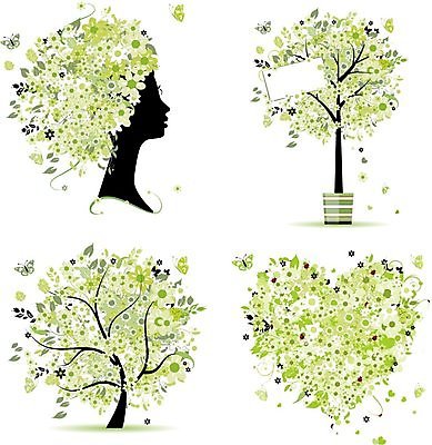 EPS 해외이미지 나무 디자인 꽃 실루엣 나비 일러스트 추상 사람없음 초록색 머리카락 하트 해외202004 해외일러스트 모양 식물 컬러 곤충 무늬 촬영기법 머리 파일형식 벡터 이미지허브