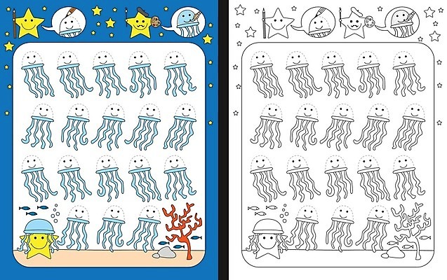 EPS 해외이미지 교육 별 선 바다 일러스트 학교 어류 검은색 수영 유치원 흰색 가르침 만화 연습 속도 그림 윤곽 시트 해파리 해외202004 해외일러스트 자연요소 컬러 수중동물 수상스포츠 자포동물 파일형식 벡터 이미지허브