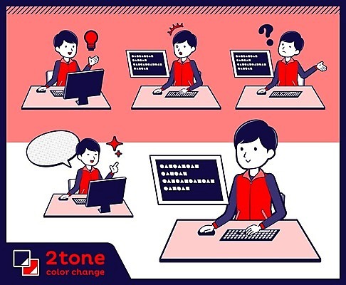 EPS 해외이미지 남자 말풍선 일러스트 아이디어 말하기 여러명 상반신 성인 빨간색 컴퓨터 세트 놀람 물음표 키보드 마우스 책상 호기심 판매원 성인남자만 해외202004 해외일러스트 직업 기호 감정 컬러 가구 다수 컨셉 모션 표정 사람 전자제품 컴퓨터용품 남자만 성인만 파일형식 벡터 이미지허브