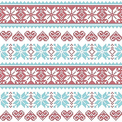 EPS 해외이미지 디자인 하늘색 겨울 패턴 일러스트 눈꽃 사람없음 빨간색 하트 뜨개질 해외202004 해외일러스트 모양 계절 컬러 무늬 눈_날씨 취미 파란색 파일형식 벡터 이미지허브