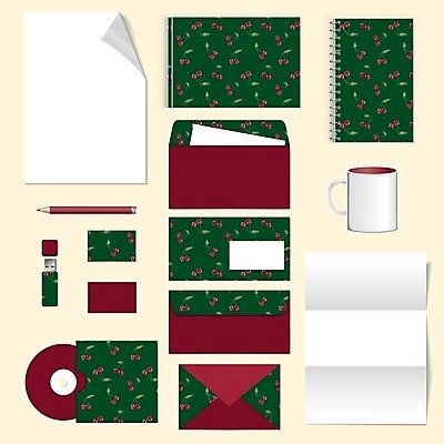 EPS 해외이미지 디자인 컨셉 패턴 일러스트 비즈니스 명함 봉투 편지봉투 사람없음 빨간색 초록색 세트 공책 머그컵 체리 레이아웃 문서 엘리먼트 테마 스타일 레터헤드 해외202004 해외일러스트 컬러 무늬 과일 문구용품 컵 편지 파일형식 벡터 이미지허브