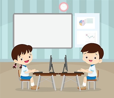 EPS 해외이미지 학생 여자 교육 남자 어린이 인터넷 일러스트 교실 앉기 소녀 소년 두명 컴퓨터 책상 인터넷교육 어린이만 해외202004 해외일러스트 가구 학교 모션 사람 전자제품 파일형식 벡터 이미지허브