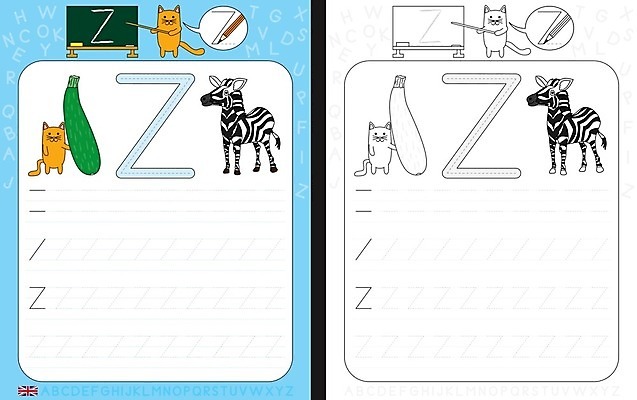 EPS 해외이미지 알파벳 영어 교육 선 일러스트 학교 검은색 고양이 흰색 기록 가르침 만화 편지 연습 그림 윤곽 얼룩말 주키니 필기체 문해 해외202004 해외일러스트 동물 문자 컬러 포유류 반려동물 말 파일형식 벡터 이미지허브