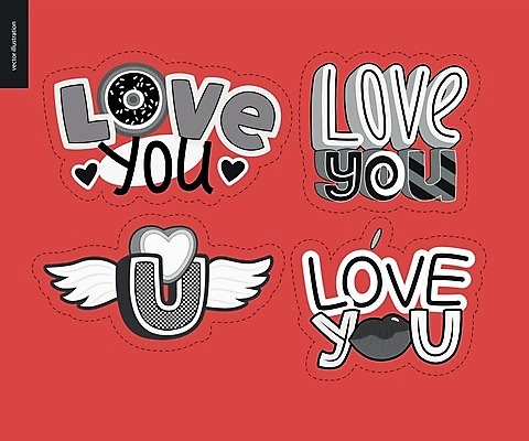 EPS 해외이미지 스티커 일러스트 사랑 타이포그라피 사람없음 빨간색 세트 라벨 하트 해외202004 해외일러스트 모양 문자 감정 컬러 프레임 파일형식 벡터 이미지허브