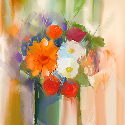 JPG 해외이미지 꽃 일러스트 사람없음 그림 데이지 손그림 유화 해외202004 해외일러스트 식물 미술 파일형식 이미지허브