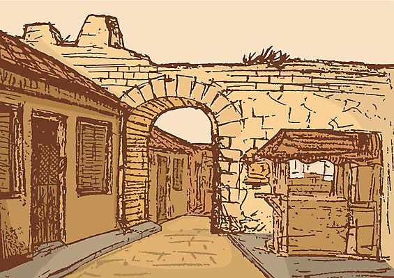 EPS 해외이미지 도로 일러스트 스케치 그리스 아치 세피아 옛날 해외202004 해외일러스트 유럽 길 교통시설 촬영기법 미술 파일형식 벡터 이미지허브