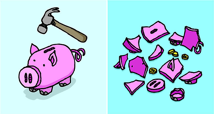 EPS 해외이미지 동물 컨셉 돈 일러스트 아이디어 금융 저축 돼지저금통 망치 만화 가정경제 파산 빚 해외202004 해외일러스트 가정 경제 저금통 공구 재산 파일형식 벡터 이미지허브