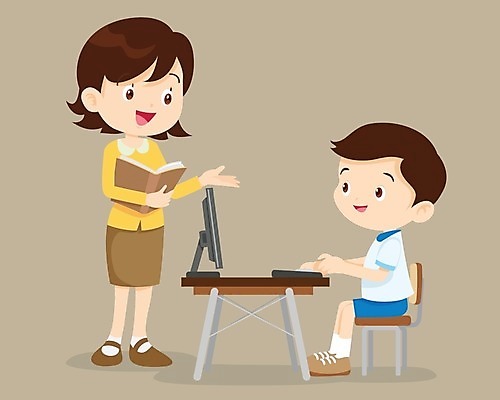 EPS 해외이미지 학생 여자 교육 남자 어린이 인터넷 일러스트 앉기 소년 성인 두명 컴퓨터 교사 책상 인터넷교육 해외202004 해외일러스트 직업 가구 모션 사람 전자제품 파일형식 벡터 이미지허브