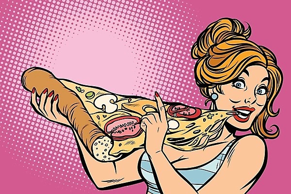 EPS 해외이미지 여자 일러스트 피자 한명 들기 사람 성인 먹기 팝아트 카툰스타일 성인여자한명만 해외202004 해외일러스트 1 모션 패스트푸드 서양음식 그림 여자한명만 성인여자만 파일형식 벡터 이미지허브