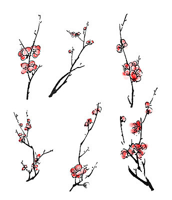 JPG 해외이미지 일러스트 붓터치 미술 사람없음 빨간색 벚꽃 먹 동양화 그림 번짐 꽃가지 해외202004 해외일러스트 꽃 컬러 서예 문화예술 나뭇가지 파일형식 효과 이미지허브