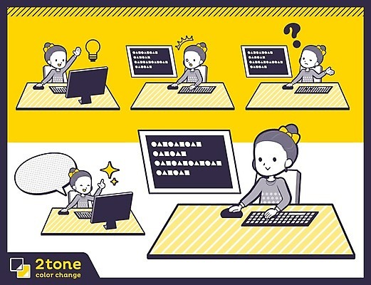 EPS 해외이미지 여자 리본 어린이 말풍선 일러스트 아이디어 말하기 여러명 상반신 컴퓨터 세트 노란색 놀람 물음표 키보드 마우스 책상 호기심 소녀만 해외202004 해외일러스트 기호 감정 컬러 가구 다수 컨셉 모션 표정 사람 전자제품 컴퓨터용품 여자만 어린이만 파일형식 벡터 이미지허브