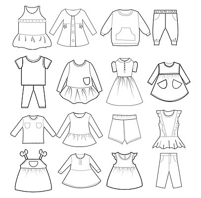 EPS 해외이미지 템플릿 디자인 드레스 옷 백그라운드 셔츠 티셔츠 패턴 일러스트 바지 소년 세트 치마 검은색 흰색 아기 낙서 주머니 만화 스케치 심볼 심플 해외202004 해외일러스트 남자 어린이 컬러 상의 무늬 하의 미술 사람 파일형식 벡터 이미지허브