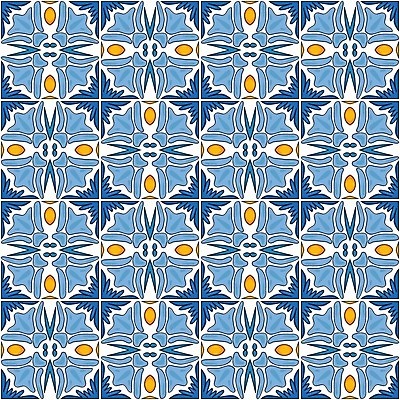 EPS 해외이미지 전통 디자인 패턴 오렌지 일러스트 벽지 추상 장식 파란색 흰색 포르투갈 타일 묘사 정사각형 모자이크 스페인어 아라베스크 엘리먼트 튀니지 해외202004 해외일러스트 도형 유럽 컬러 무늬 과일 아프리카 파일형식 벡터 이미지허브