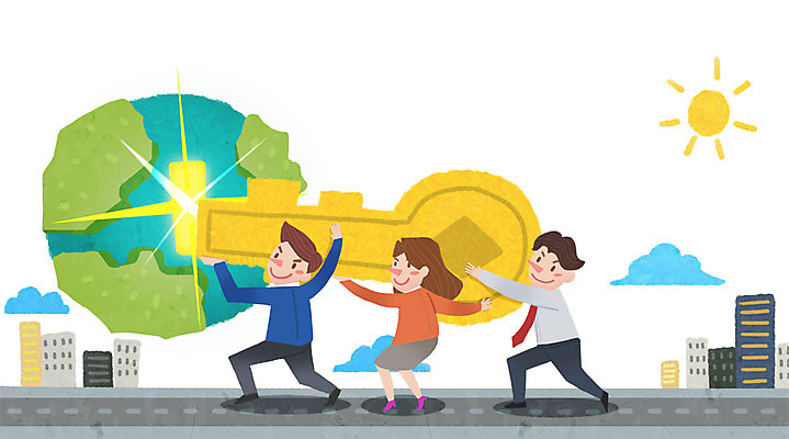 PSD 구름 여자 남자 도로 지구 일러스트 비즈니스 열쇠 협력 사람 빌딩 성인 세명 태양 비즈니스맨 비즈니스우먼 열쇠구멍 성인만 국내일러스트 자연요소 길 교통시설 건물 직장인 파일형식