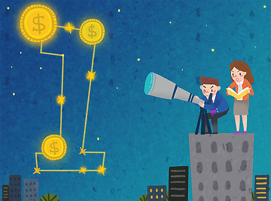 PSD 여자 남자 일러스트 비즈니스 밤하늘 사람 빌딩 성인 두명 경제 동전 망원경 별자리 비즈니스맨 비즈니스우먼 관측 성인만 국내일러스트 돈 하늘 건물 직장인 야간 파일형식