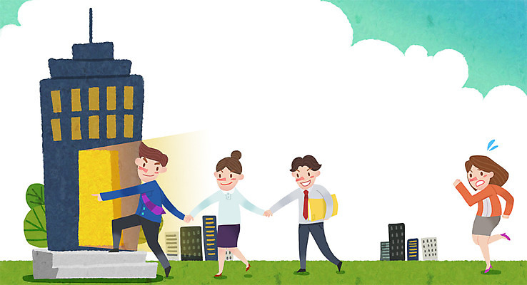 PSD 구름 여자 남자 일러스트 비즈니스 사람 빌딩 여러명 성인 달리기 문 손잡기 비즈니스맨 비즈니스우먼 성인만 국내일러스트 자연요소 다수 모션 건물 직장인 파일형식