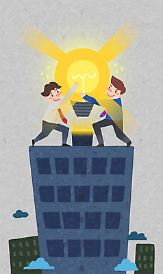 PSD 구름 남자 일러스트 비즈니스 전구 협력 아이디어 사람 빌딩 성인 두명 빛 비즈니스맨 남자만 성인남자만 성인만 국내일러스트 자연요소 컨셉 건물 직장인 파일형식