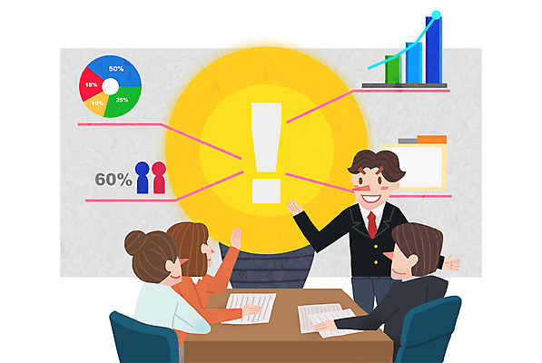 PSD 여자 남자 종이 의자 일러스트 비즈니스 전구 회의 그래프 아이디어 사람 여러명 성인 비즈니스맨 비즈니스우먼 느낌표 책상 회의실 성인만 국내일러스트 기호 가구 다수 컨셉 직장인 파일형식