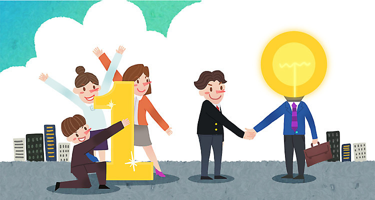 PSD 여자 남자 서류가방 일러스트 비즈니스 전구 악수 아이디어 사람 빌딩 여러명 성인 우승 비즈니스맨 비즈니스우먼 성인만 국내일러스트 다수 컨셉 가방 손짓 건물 최고 직장인 파일형식