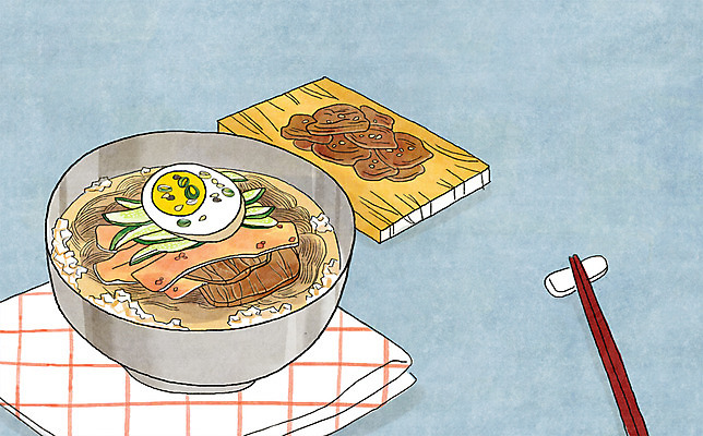 PSD 그릇 음식 백그라운드 일러스트 젓가락 오이 도마 육류 사람없음 계란 천 냉면 물냉면 제철음식 국내일러스트 식기 한식 채소 식재료 주방용품 여름음식 수저 알 직물 제철 파일형식