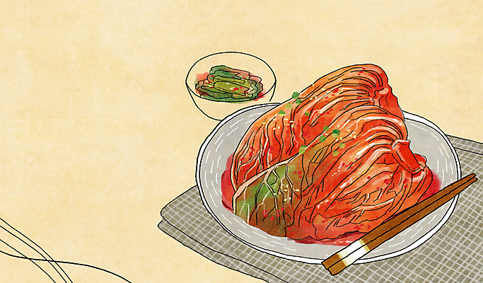 PSD 그릇 음식 백그라운드 일러스트 젓가락 김치 사람없음 천 포기김치 국내일러스트 식기 한식 수저 직물 파일형식