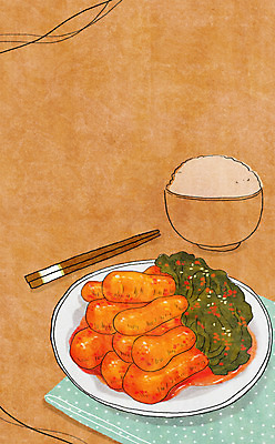 PSD 그릇 접시 음식 백그라운드 일러스트 젓가락 밥 김치 사람없음 천 쌀밥 총각김치 국내일러스트 식기 한식 수저 직물 파일형식