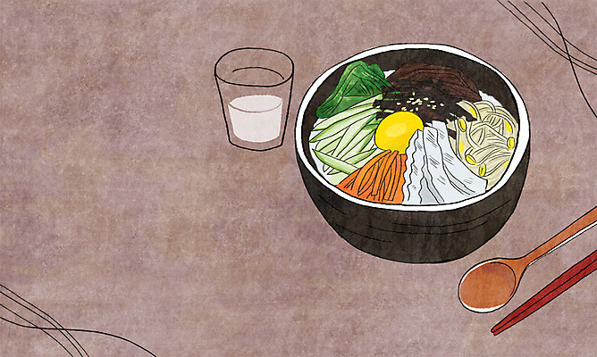 PSD 음식 백그라운드 일러스트 젓가락 수저 사람없음 컵 숟가락 나물 비빔밥 국내일러스트 식기 한식 채소 파일형식