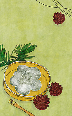 PSD 음식 백그라운드 포크 일러스트 떡 사람없음 솔방울 솔잎 찹쌀떡 국내일러스트 식기 잎 파일형식