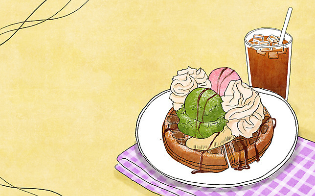 PSD 접시 커피 음식 빵 백그라운드 과일 일러스트 아이스크림 잔 바나나 빨대 사람없음 천 생크림 아메리카노 와플 아이스아메리카노 국내일러스트 식기 음료 디저트 직물 크림 아이스커피 파일형식