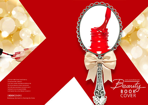 PSD 템플릿 편집 우먼라이프 표지디자인 북디자인 손 출판디자인 표지 리본 컬러 백그라운드 북커버 팜플렛 신체부위 빨간색 뷰티 거울 붓 네일아트 손톱 매니큐어 바르기 손거울 이미지템플릿 라이프스타일 모션 사람 화장품 파일형식