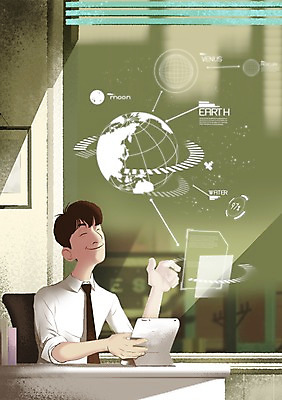 PSD 남자 지구 일러스트 비즈니스 미래 실내 한명 사람 성인 태블릿 사무실 지구본 행성 달 비즈니스맨 스마트 책상 편리함 홀로그램 사물인터넷 남자만 남자한명만 성인남자만 성인만 4차산업 미래산업 국내일러스트 자연요소 1 산업 가구 컨셉 정보기술 내부 전자제품 스마트기기 우주 직장인 파일형식