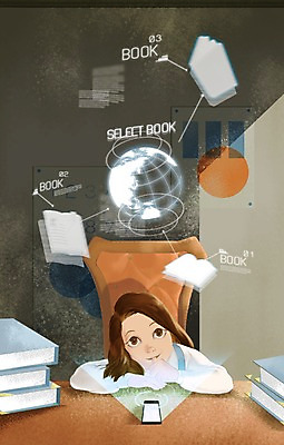 PSD 여자 지구 어린이 일러스트 미래 실내 한명 사람 책 스마트폰 지구본 방 스마트 편리함 홀로그램 사물인터넷 여자만 여자한명만 어린이만 소녀만 소녀한명만 4차산업 미래산업 국내일러스트 1 산업 컨셉 정보기술 내부 핸드폰 스마트기기 파일형식