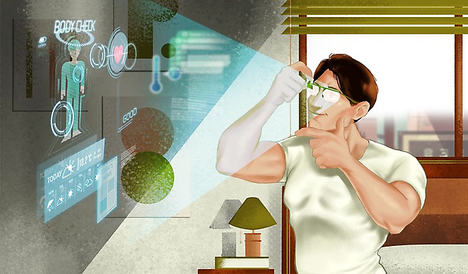 PSD 남자 안경 일러스트 창문 날씨 미래 실내 한명 사람 성인 스마트기기 스탠드 스마트 편리함 홀로그램 사물인터넷 남자만 남자한명만 성인남자만 성인만 4차산업 미래산업 국내일러스트 1 잡화 산업 컨셉 조명 정보기술 내부 전자제품 파일형식