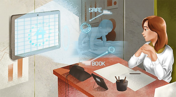 PSD 여자 종이 액자 일러스트 미래 한명 사람 성인 사무실 텔레비전 아기 비즈니스우먼 전화기 스마트 책상 연필꽂이 편리함 홀로그램 사물인터넷 4차산업 미래산업 국내일러스트 1 산업 가구 컨셉 비즈니스 문구용품 정보기술 전자제품 직장인 파일형식