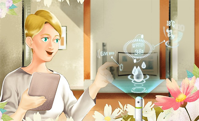 PSD 식물 여자 꽃 일러스트 미래 실내 한명 사람 성인 태블릿 물방울 스마트 물주기 편리함 센서 홀로그램 사물인터넷 여자만 여자한명만 성인여자만 성인만 4차산업 미래산업 국내일러스트 1 산업 컨셉 모션 정보기술 내부 전자제품 스마트기기 파일형식