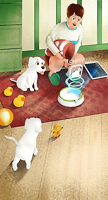 PSD 남자 두마리 일러스트 미래 실내 한명 사람 성인 반려동물 태블릿 장난감 카펫 강아지 먹이 스마트 편리함 센서 홀로그램 사물인터넷 남자만 남자한명만 성인남자만 성인만 4차산업 미래산업 국내일러스트 동물 1 산업 컨셉 2 정보기술 내부 전자제품 스마트기기 개 파일형식