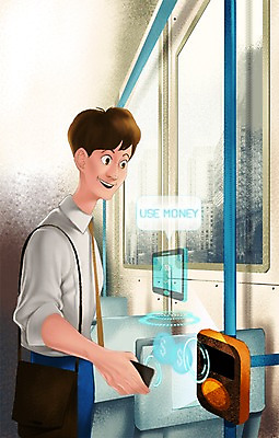 PSD 남자 일러스트 미래 버스 한명 사람 성인 스마트폰 스마트 단말기 편리함 센서 홀로그램 사물인터넷 남자만 남자한명만 성인남자만 성인만 4차산업 미래산업 국내일러스트 1 산업 육상교통 컨셉 대중교통 정보기술 핸드폰 스마트기기 파일형식