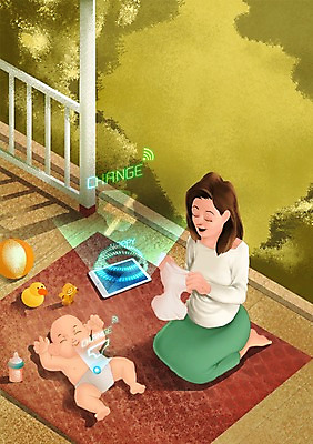 PSD 여자 일러스트 공 미래 사람 성인 두명 태블릿 장난감 정원 카펫 아기 젖병 스마트 기저귀 편리함 센서 오리인형 홀로그램 사물인터넷 여자만 4차산업 미래산업 국내일러스트 산업 인형 컨셉 정보기술 전자제품 스마트기기 아기용품 파일형식