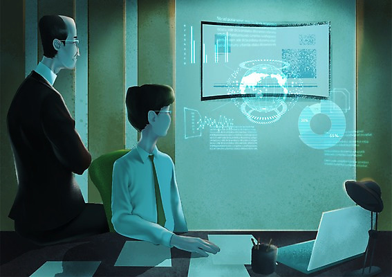 PSD 남자 종이 안경 일러스트 비즈니스 회의 미래 실내 사람 성인 두명 노트북 모니터 스탠드 비즈니스맨 스마트 회의실 연필꽂이 편리함 홀로그램 사물인터넷 남자만 남자한명만 성인남자만 성인만 4차산업 미래산업 국내일러스트 잡화 산업 컨셉 문구용품 조명 정보기술 내부 전자제품 컴퓨터 직장인 파일형식