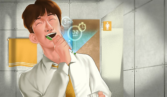 PSD 남자 일러스트 미래 실내 한명 사람 성인 수건 양치 칫솔 스마트 화장실 편리함 센서 홀로그램 사물인터넷 남자만 남자한명만 성인남자만 성인만 4차산업 미래산업 국내일러스트 1 산업 컨셉 정보기술 내부 위생용품 청결 파일형식