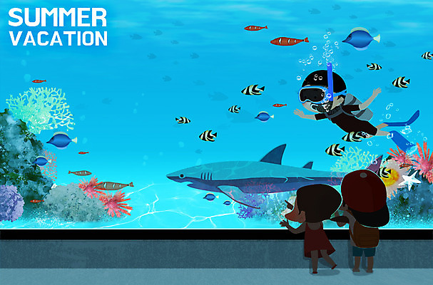 PSD 계절 여자 남자 어린이 일러스트 방학 실내 여름방학 어류 사람 성인 세명 물 여름 자유 산호 시원함 열대어 즐거움 상쾌 상어 아쿠아리움 트로피컬아트 국내일러스트 자연요소 감정 컨셉 휴가 내부 수중동물 자포동물 그림 수족관 파일형식 여름_계절