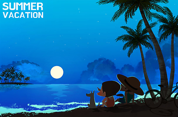 PSD 식물 계절 여자 남자 어린이 바다 일러스트 밤하늘 방학 여름방학 사람 야외 두명 여름 반려동물 야자수 자전거 자유 달 강아지 야간 시원함 즐거움 상쾌 밤바다 어린이만 국내일러스트 자연요소 나무 동물 감정 컨셉 하늘 휴가 바이크 개 파일형식 여름_계절
